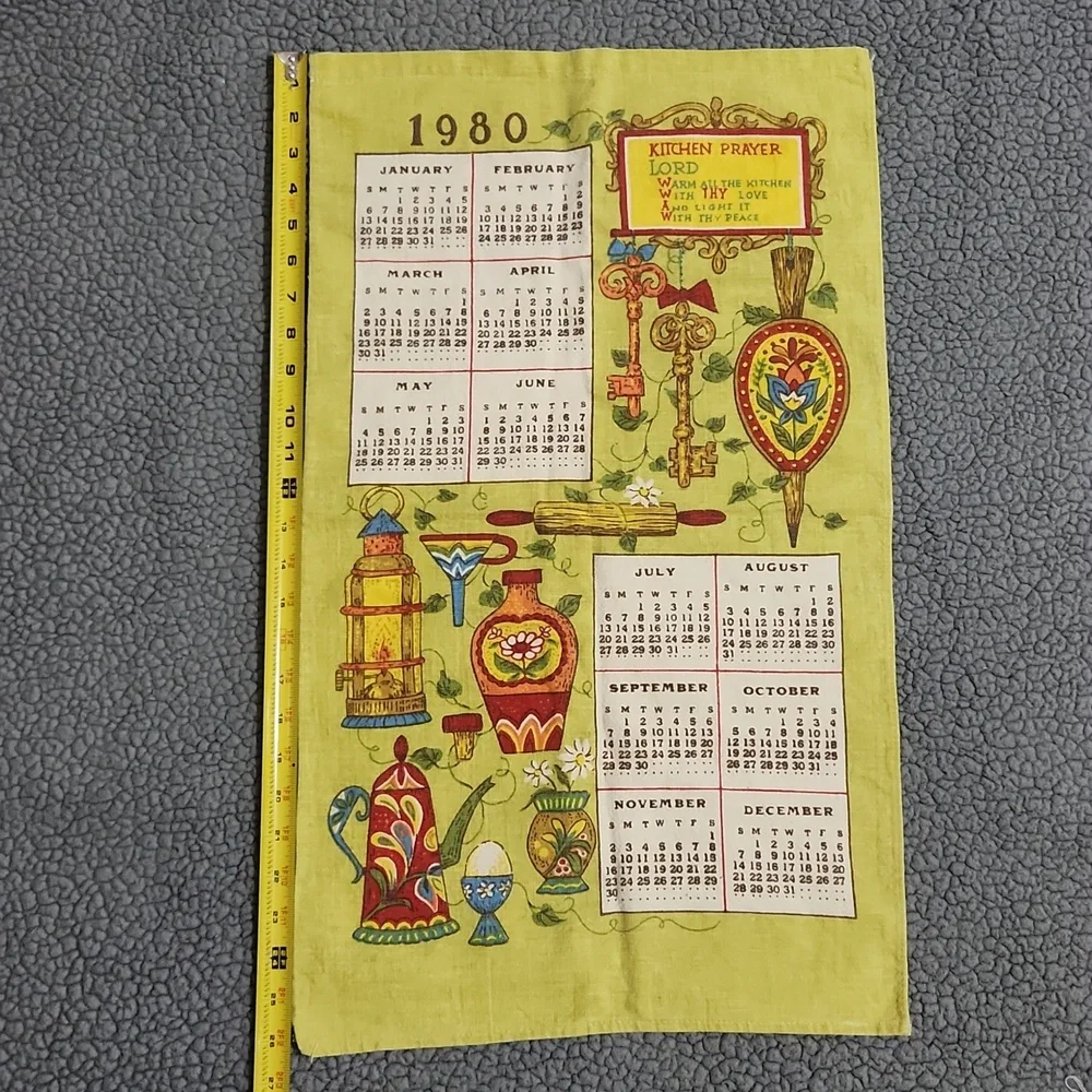 Vintage 1980 Calendar Kitchen Prayer Tea Towel Light Green
